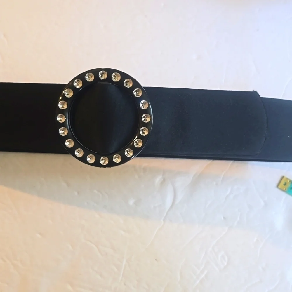 Vintage Womens Black Satin WIDE Rhinestone Bling Belt Sz.Small/MEDIUM